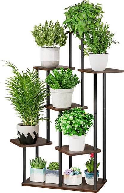 AZERPIAN Plant Stand 7 Tier Indoor Metal Flower Shelf for Multiple Plants Corner Tall Flower Holders for Patio Garden Living Room Balcony Bedroom, Black Oak