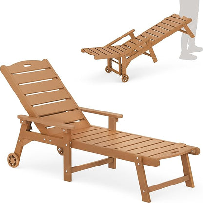 LUE BONA Outdoor Chaise Lounge, HDPS Chaise Lounger, 5 Positions Adjustable Lounge Chairs, Pool Lounge Chair with Wheels for Poolside, Backyard, Teak Color
