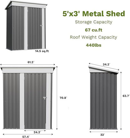 Patiowell 5x3 FT Outdoor Storage Shed, Garden Tool Shed with Sloping Roof and Lockable Door, Metal Shed for Backyard Garden Patio Lawn, Gray