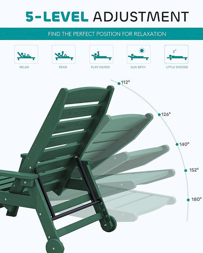SERWALL Patio Chaise Lounge Chair Set of 2, 78'' Long 5-Positions Adjustable HDPE Outdoor Lounger for Pool, Poly Lounge Chair with Rolling Wheels & Cup Holder for Poolside, Deck, Dark Green
