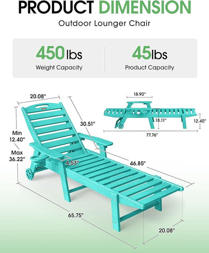 Lounge Chair Outdoor Set of 4 with Wheels, Adjustable 5-Position Chaise Lounge Outdoor, Patio Lounge Chair for Poolside Backyard, Lake Blue