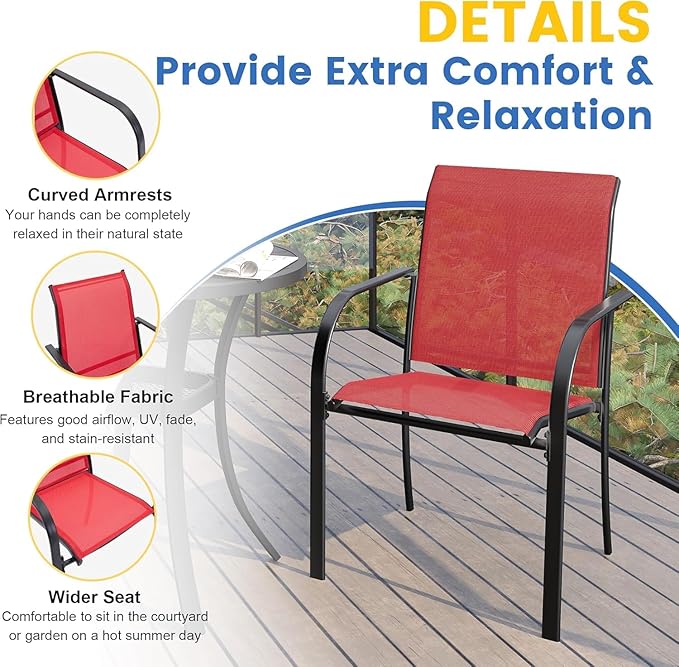 VICLLAX Large Patio Dining Furniture Set, Outdoor Dining Set for 10-60" Round Outdoor Table and Patio Stackable Chairs, Black Tabletop and Red Fabric