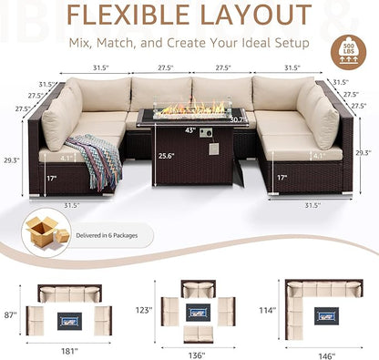 NICESOUL 9 Piece Modern Extra-Large Outdoor Patio Sectionals with Fire Pit Table Natural Gas & Propane, 29.3'' High Back Comfortable Conversations for Outside, Deep Seating Modular Sofa Couches, Tan