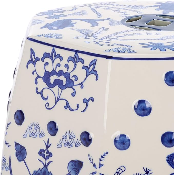 Decorative Garden Stool with Blue Ceramic Seat and Stone Frame