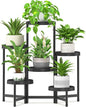 iDavosic.ly 6 Tier Folding Plant Stand Indoor Outdoor with Plastic Tray, Tiered Corner Flower Holder Shelf, Metal Orchid Display Rack for Patio Porch Living Room Garden Balcony, Modern Black