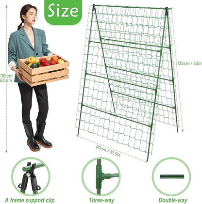32 x 53 Inch Cucumber Trellis for Climbing Plants Outdoor A-Frame Garden Trellis for Raised Bed Detachable Sturdy Garden Plant Support Trellis for Small Plant Vegetable Flower Grape with Climbing Net