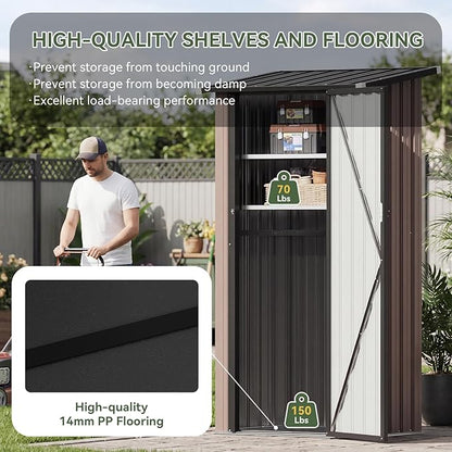 Aoxun Outdoor Storage Shed with Floor - Vertical Cabinet with 2 Adjustable Shelves & Lockable Doors, Waterproof Small Tool Shed, for Backyard Garden Patio Lawn Indoor, Brown