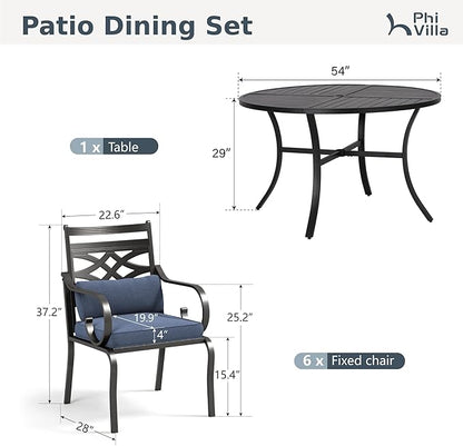 PHI VILLA 7 Pieces Outdoor Dining Set for 6, 54" Round Black Metal Table with Umbrella Hole & Wrought Iron Chairs, Large Outside Furniture with Blue Cushions & Pillows for Patio, Deck, Porch