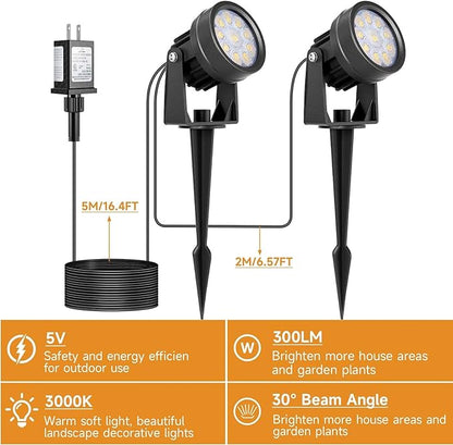 Warm White Spot Lights, Outdoor 3000K LED Spotlights, Outside Landscape Lighting IP65 Waterproof Garden Uplights for Lawn Front Porch Driveway Decorative, 2 Lights