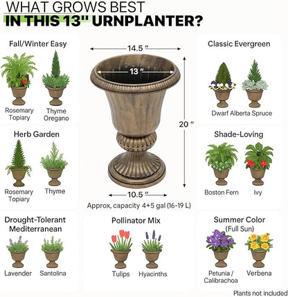 Magshion 20" Urn Planter for Outdoor and Indoor Plants, Large Decorative Front Porch Planter, Vintage Grecian Flower Pot for Patio, Garden & Entryway Décor, Antique Brass