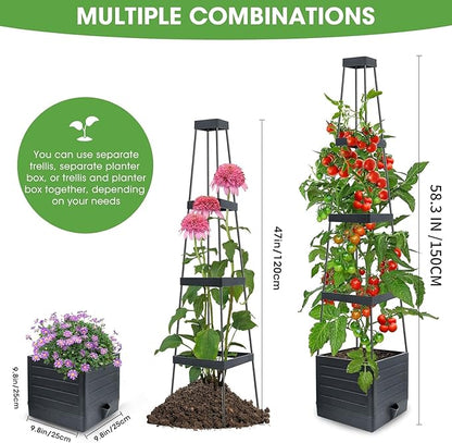 2 Pack Raised Garden Bed Planter Box with Trellis, 58” Tomato Cage Planter Raised Garden Bed with Trellis for Climbing Vegetables Plants Tomato Cage w/Self-Watering, Indoor Outdoor Use