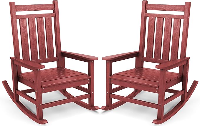 Rocking Chairs, 2-Pack Crimson Red HDPE Patio Rockers with 350 lb Capacity