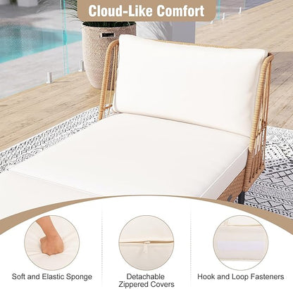 Tangkula Patio Rattan Daybed Set of 2, Boho Outdoor Wicker Lounge Sofa with Seat & Back Cushions, 2-Seat Bench Sun Lounger Chair with Robust Metal Legs for Deck, Backyard, Porch, Poolside (Off White)