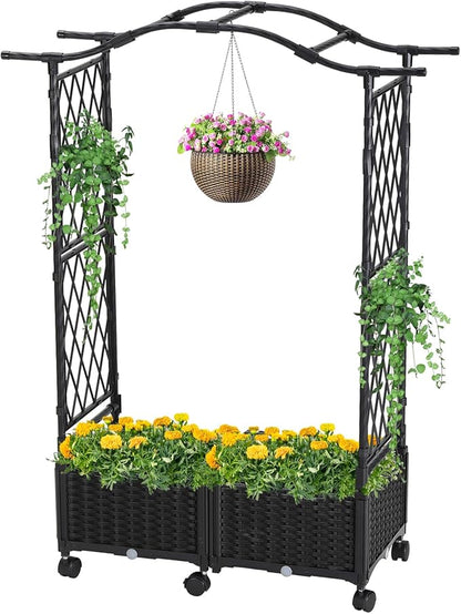 Planter Box with Trellis Outdoor, 57in Plastic Raised Garden Bed with Trellis Hanging Roof for Vine Flower, with Lockable Wheels & Drain Plug for Patio Backyard Balcony, Black, 1 Pc