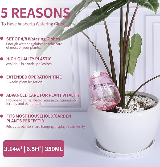 4 Pcs Plant Watering Globes Self Watering Planter Insert Plants Top Fill Water Device Plastic Water Bulbs Slow Release Terracotta for Plants, Pink