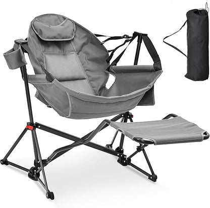 Ainfox Hammock Camping Chair with Footrest, Foldable Portable Rocking Chairs for Adults Outside Swinging Camp with Cup Holder Pillow for Outdoor Patio Poolside (Dark Grey)