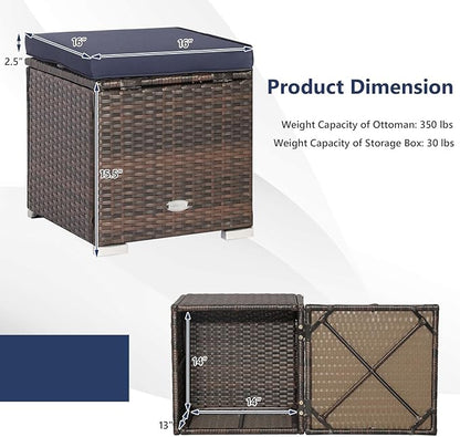 Tangkula 2 Pieces Patio Ottomans, Patiojoy Hand-Woven PE Rattan Side Table with Removable Cushion & Hidden Storage Space, Multifunctional Storage Box, Seat for Patio, Backyard, Poolside (Navy)