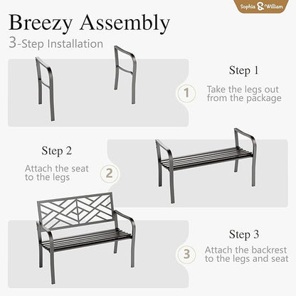 Sophia & William Outdoor Metal Bench Patio Garden Bench, Cast Iron Park Benches for Outside with Minimalist Backrest, Black