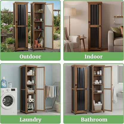 62" H Outdoor Corner Storage Cabinet with Lockable Doors, Outdoor Indoor Small Storage Cabinet with Metal Top, 3 Adjustable Shelves for Patio, Porch, Entryway or Small Spaces