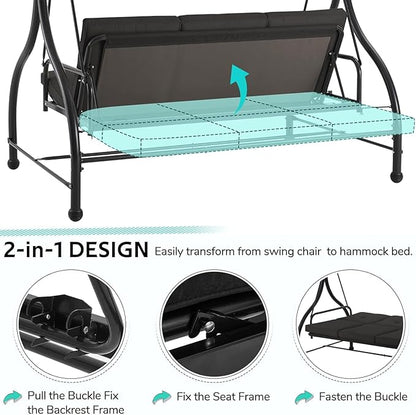 U-MAX Porch Swing with Cover, Patio Swing with Adjustable Backrest&Canopy 3 Seat Outdoor Swing with Canopy 2-in-1 Convertible Patio Daybed with Removable Black Cushions