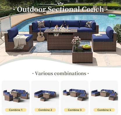 Aoxun 8-Piece Outdoor Patio Furniture Set - 44” Fire Pit Table, Durable Wicker Rattan Sectional Sofa with Coffee Table, Comfy Thickened Cushions, Blue (Waterproof Cover Included)