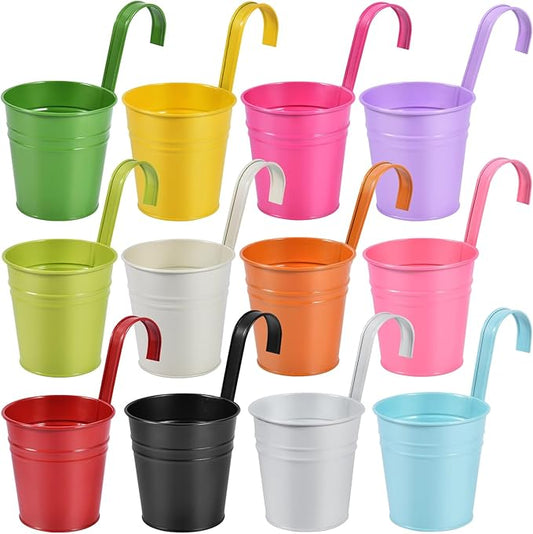 OBTANIM 12 Pack Metal Hanging Flower Pots Railing Planter Outdoor Fence Hanging Bucket Plant Holder with Detachable Hooks Drain Holes for Home Garden Yard Decor (Mixed Color, 4 x 4 Inch)