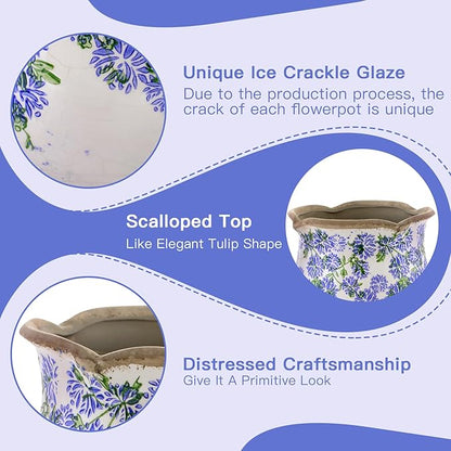 Ceramic-Planters-for-Indoor-Plants with Saucer, 6 inch Vintage Ice Crackle Glaze Plant Pots with Drainage Holes, Decorative Flower Pots for Outdoor Garden Home Decor, Tuscan Pot for Plant