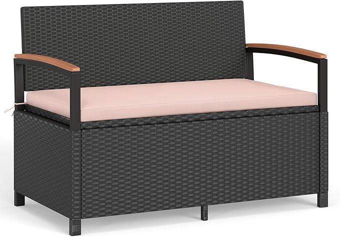 Outdoor Storage Bench 46 Gallon Black Beige PE Rattan Loveseat