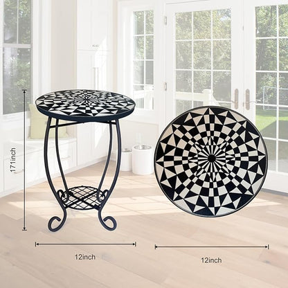 LIFFY Outdoor Side Table,12" Round Ceramic Tabletop Accent Table with Metal Frame, Indoor Small Decorative Plant Stand & End Table for Home, Patio, Garden
