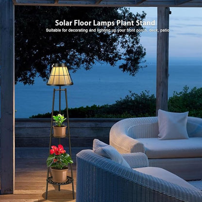 2 Pack 45.5'' Outdoor Floor Lamps with 2 Tier Plant Stand, Solar Powered Metal Waterproof Lights for Patio Deck Yard Garden Porch Decor