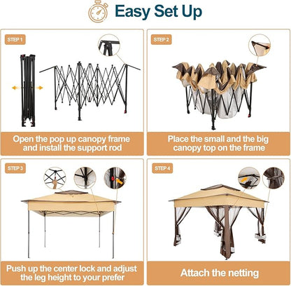 COBIZI 10x10 Pop Up Gazebos on Clearance 11x11 Canopy Tent Easy Up Outdoor Gazebo Waterproof Portable Gazebo with Mosquito Nettings, Double Vented Roof and Carry Bag for Patio Garden Lawn(Coffee)