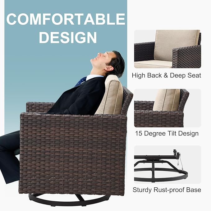Belord Outdoor Bistro Set 3 Piece Wicker Swivel Rocker Patio Chairs, Oversize Outdoor Rattan Seating Set, Patio Swivel Glider Chairs Wicker Furniture with Metal Side Table for Porch Backyard, Brown