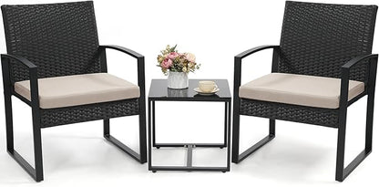 3 Piece Wicker Patio Bistro Set, Rattan Conversation Set with Coffee Table, for Balcony, Porch, Garden, Yard, Poolside, Black Frame with Beige Cushion