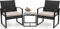 3 Piece Wicker Patio Bistro Set, Rattan Conversation Set with Coffee Table, for Balcony, Porch, Garden, Yard, Poolside, Black Frame with Beige Cushion