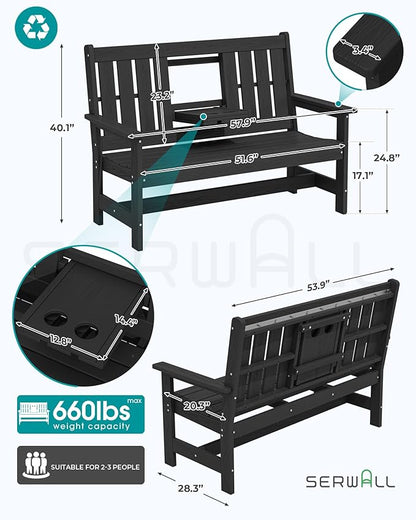 SERWALL Outdoor Bench with Cup Holder, 58" HDPE Garden Park Bench Suitable for 3 Person, All Weather Patio Benches with High Backrest and Wide Armrests for Garden, Park, Yard, Front Porch, Black