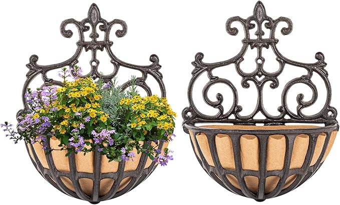 Hanging Planters 2 Pack, Rustic Brown Cast Iron Wall Baskets
