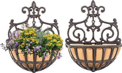 Hanging Planters 2 Pack, Rustic Brown Cast Iron Wall Baskets