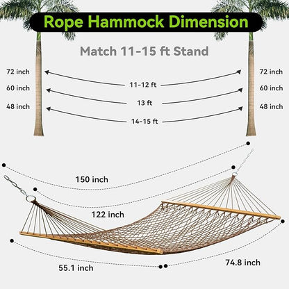 Double Hammock for 2 Person, Handwoven Rope Hammock with Spreader Bar - Indoor & Outdoor Use for Patio, Poolside, Backyard (Brown)