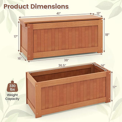 Giantex 2-in-1 Outdoor Bench, Wood Raised Garden Bed with Open Base, Teak Oil Finish, Rectangular Deep Planter Boxes for Flowers Fruit Vegetable, Bench Seat for Porch Yard Balcony Lawn
