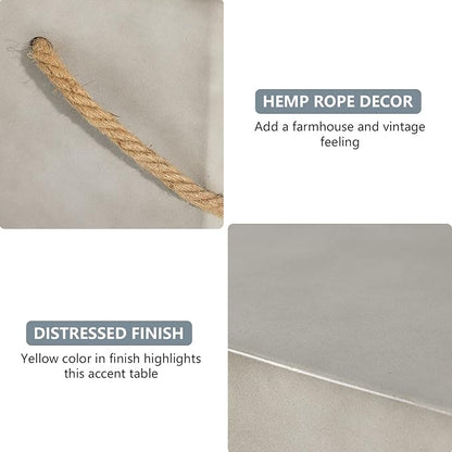 COSIEST Concrete Side Table, Rectangular Outdoor Side Table w Hemp Rope Handles,15''Patio Side Tables End Table, Outdoor Accent Coffe Table for Garden and Patio, Grey