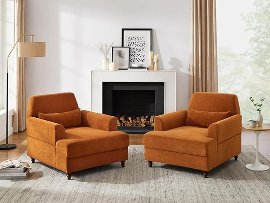 Chaise Lounge Chair Indoor Set of 2, Oversized Accent Chair for Living Room with Adjustable Backrest, Upholstered Mid-Century Reading Armchair for Adults, Comfy Modern Single Sofa Chair for Bedroom