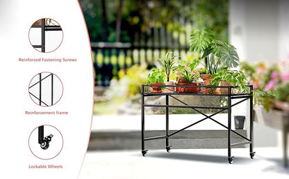 Zhongma Sturdy Metal Plant Stand with Wheels, 36.6 x 16 x 26.2 in High, Heavy Duty Succulent Shelf for Home Indoor and Outdoor, 220 LBS Capacity & Heavy Duty Construction