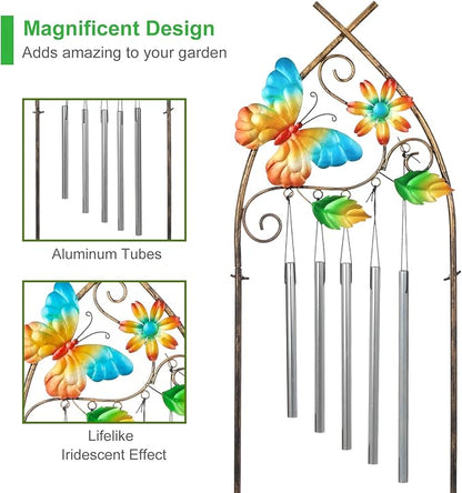 Plant Stands with Garden Trellis, 48” Metal Standing Wind Chimes Plant Pot Trellis with Butterfly for Garden Patio Backyard Climbing Plants Outdoor Decor