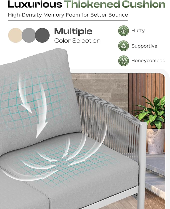 Aluminum Outdoor Patio Furniture Set with Dual-Layer Coffee Table, 4 Piece Modern Patio Conversation Sets with PE Rope, Outdoor Sectional Sofa with Thick Cushions for Balcony, Deck, Silver