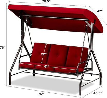 Porch Swing - 3-Seat Patio Outdoor Swing with Canopy for Adultes, Convertible Glider Bed, Thick Removable Cushions & Pillows for Backyard, Porch, Garden - Burgundy
