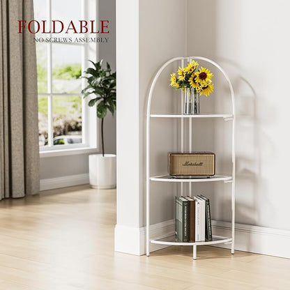 Crofy Foldable 3 Tier Corner Shelf, Metal Corner Plant Stand with White Frame and Transparent Shelves, Corner Display Rack Multipurpose Shelving Unit for Living Room, Bedroom, Bathroom