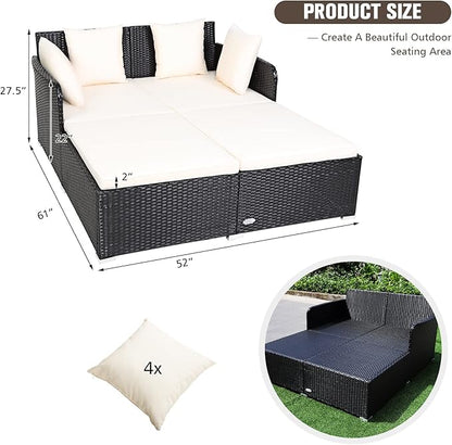 RELAX4LIFE Rattan Patio Outdoor Daybed, Wicker 2-Person Sunbed Loveseat with Soft Cushions, 4 Pillows, Curved Backrest & Armrest, Double Bed Lounger Sofa Set for Balcony Porch, Patio Bed (Beige)
