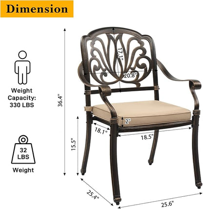 VINGLI 7 Pieces Outdoor Dining Set, Cast Aluminium All-Weather Patio Dining Set for 6 with Umbrella Hole, Outdoor Dining Table and Chairs with Cushion for Yard, Garden, Porch and Poolside, Bronze