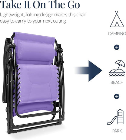 Best Choice Products Oversized Padded Zero Gravity Chair, Folding Outdoor Patio Recliner, XL Anti Gravity Lounger for Backyard w/Headrest, Cup Holder, Side Tray, Polyester Mesh - Violet