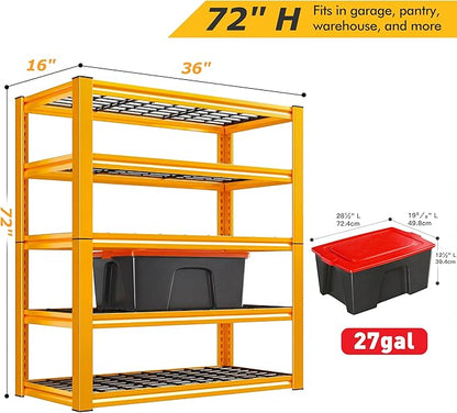 REIBII Garage Shelving Load 3200LBS, 5-Tier Storage Shelves, Adjustable Heavy Duty Metal Shelving Unit for Pantry, Basement, Warehouse, 72" H x 36" W x 16" D
